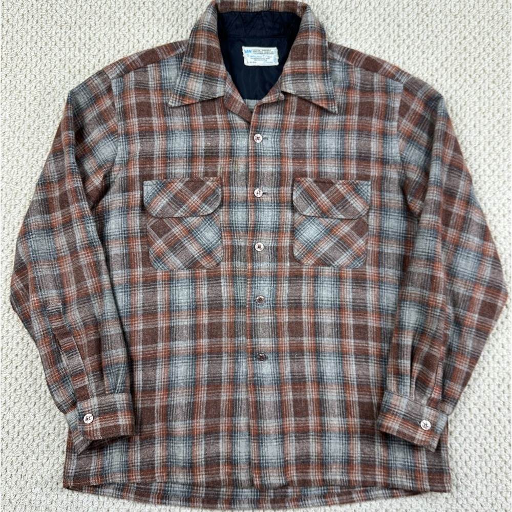 Vtg Towncraft Plus Wool Board Shirt Mens L Brown Plaid Loop Collar 70s JCPenney